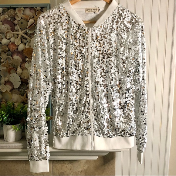 💗New!  Anna-Kaci Silver & White Sequin Bomber - Picture 1 of 6
